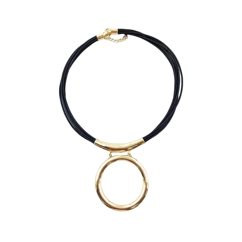 Gold Color Round Pendant on Multiple Black Leather Cords Necklace