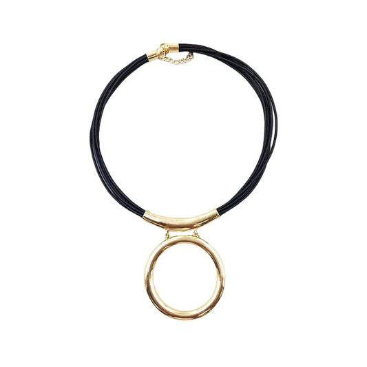 Gold Color Round Pendant on Multiple Black Leather Cords Necklace