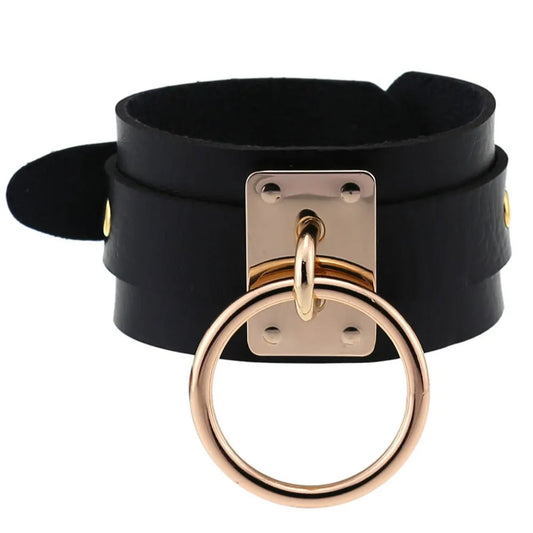 Gold Color Round Pendant on Black Leather Bracelet