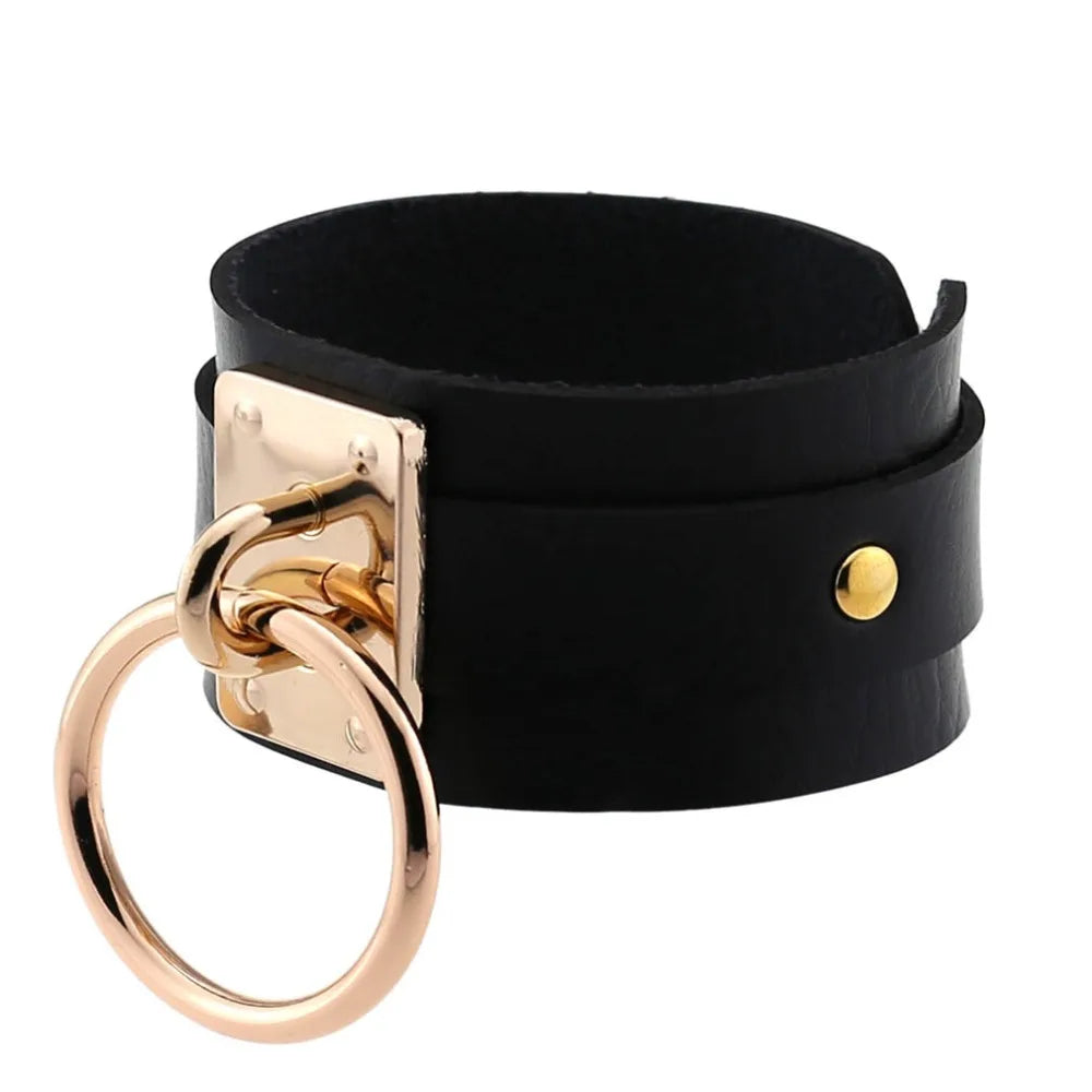 Gold Color Round Pendant on Black Leather Bracelet