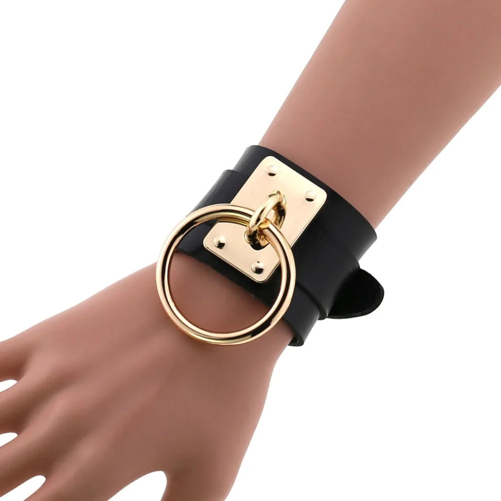 Gold Color Round Pendant on Black Leather Bracelet