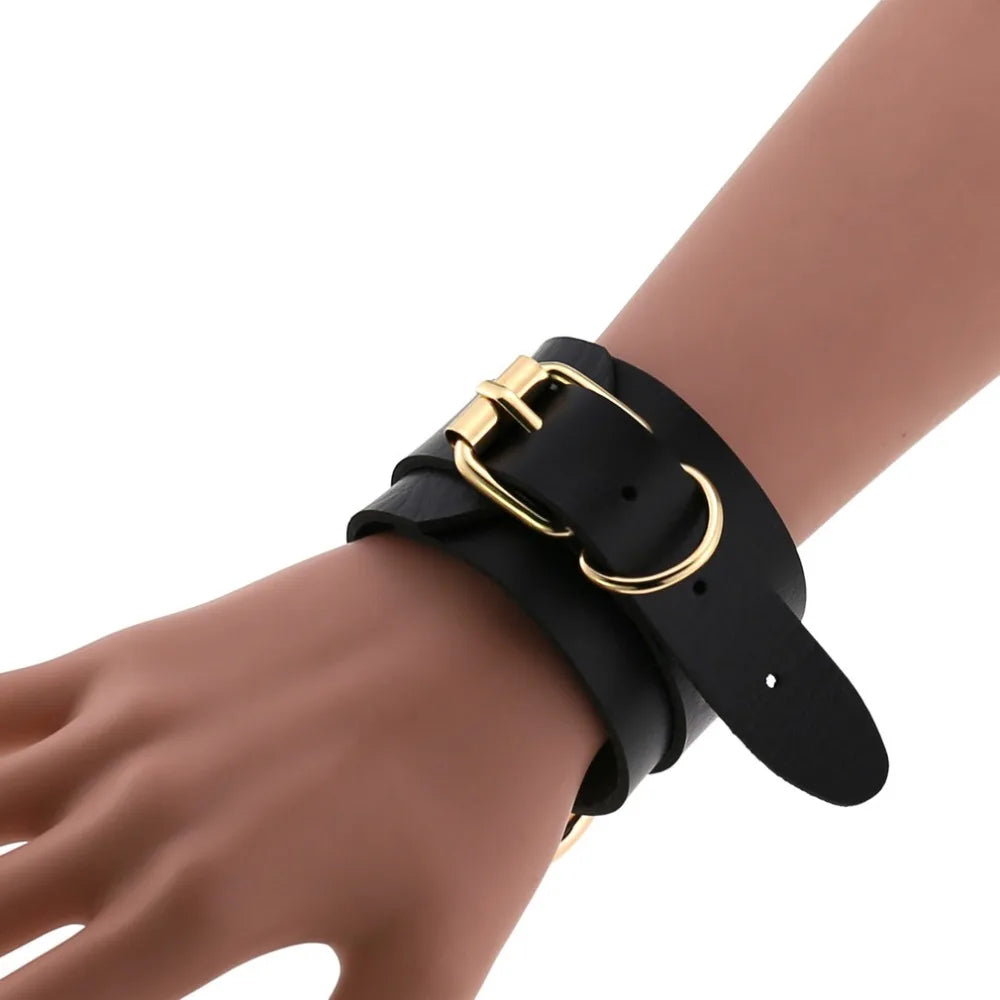 Gold Color Round Pendant on Black Leather Bracelet