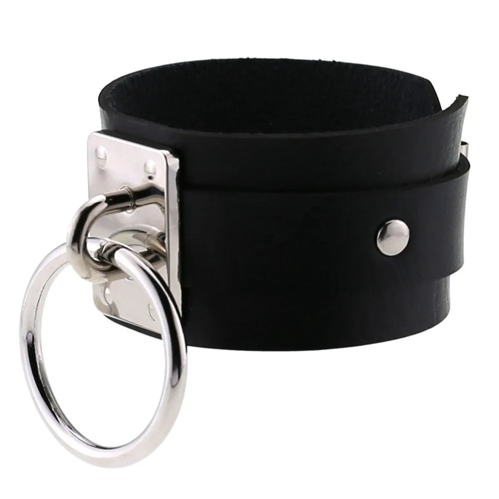 Silver Color Round Pendant on Black Leather Buckle Bracelet