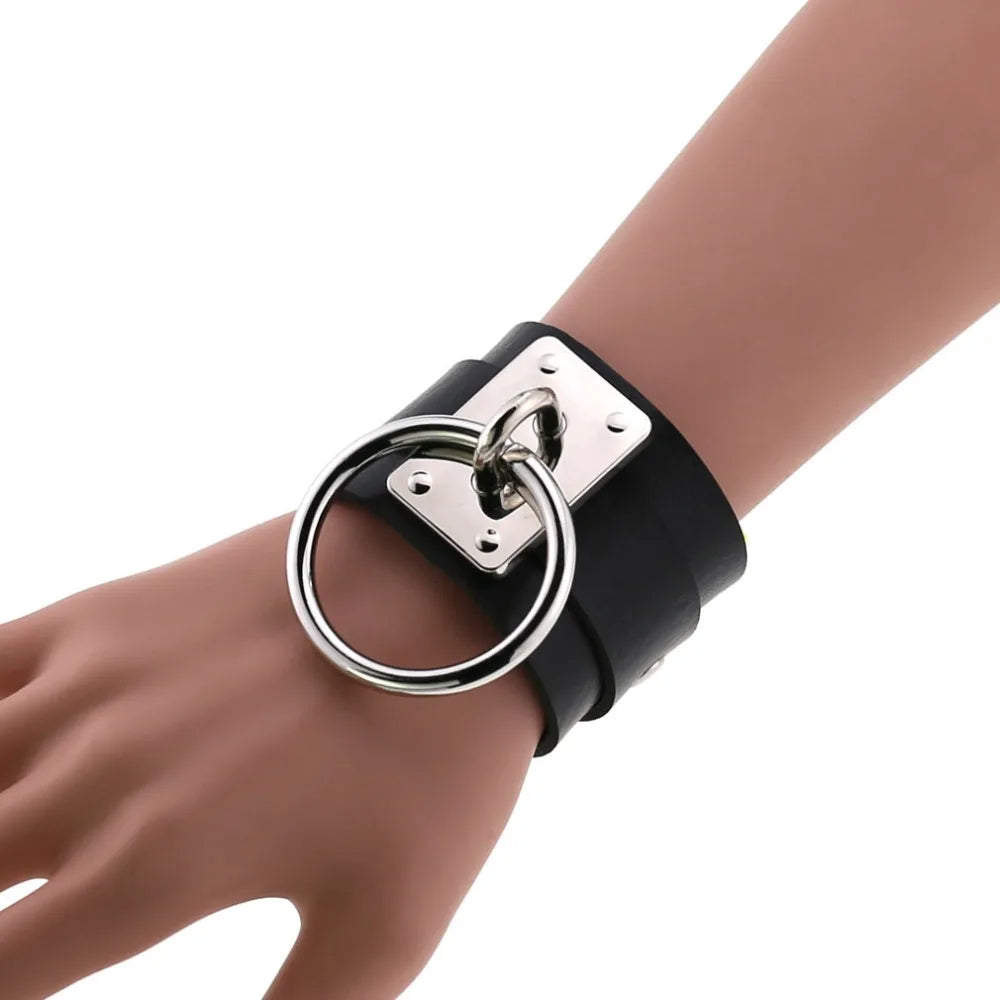 Silver Color Round Pendant on Black Leather Buckle Bracelet